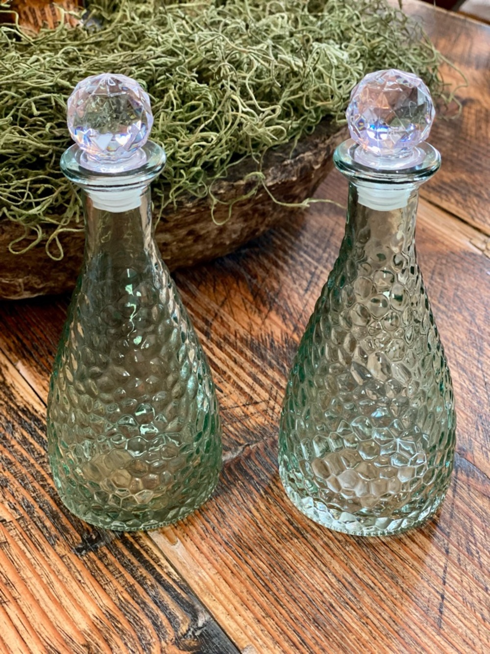 Pair of Green Hammered Glass Bottle Stoppers